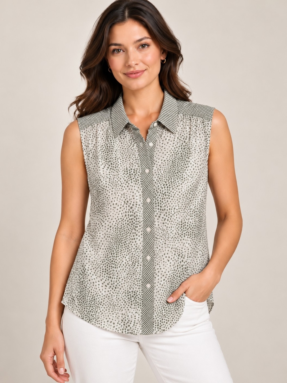 Brand New Sandwich Brand Sleeveless Button-Front Printed Blouse - Olive Green